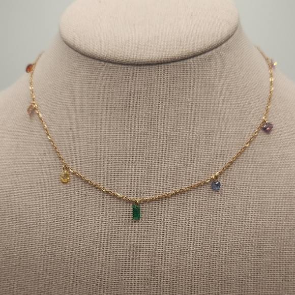Jewelry - Elegant Gold Multicolor Simulated Gemstone Necklace, 18k Gold Plated SS
